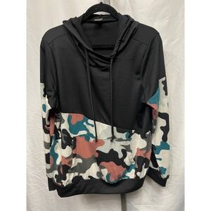 SEW IN LOVE Women Camo Print Colorblock Hoodie Pullover Long Sleeve Casual Top L